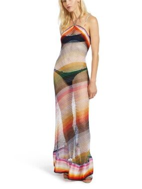 Missoni Multicolor Mesh Striped Crochet Knit Halter Dress Small Beach Cover- Up